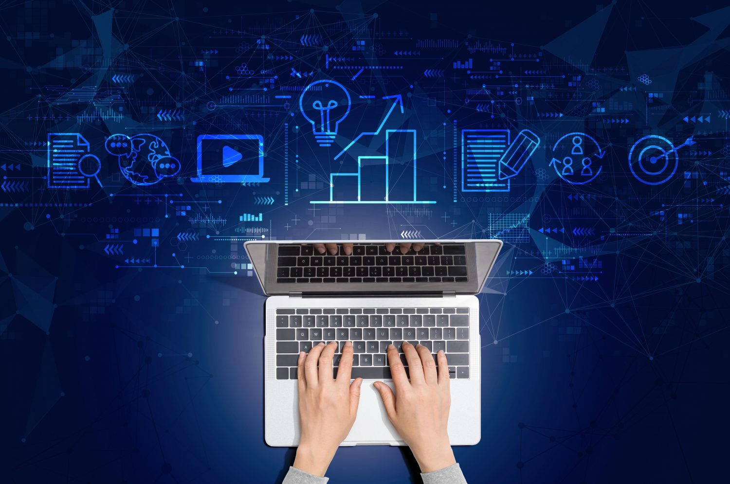 Hands typing on a laptop with a digital marketing virtual assistant concept overlay, featuring icons of analytics, content creation, and online engagement.